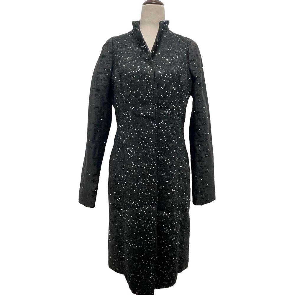 White House Black Market Sequined Band Collar Front Button Black Coat Size Small